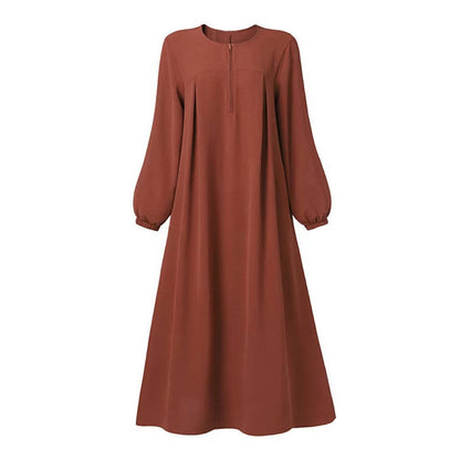 Solid Color Puff Sleeve Dress with Zip Front and Elastic Cuffs