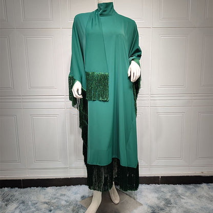 Elegant Batwing Sleeve Tassel Kaftan Dress | Modest Party Gown