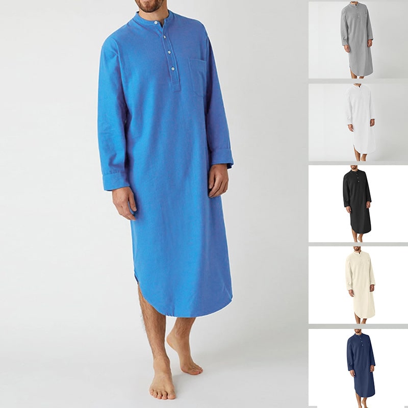 Long-Sleeve Buttoned Solid Color Men's Thobe with Pockets – Available in Seven Colors