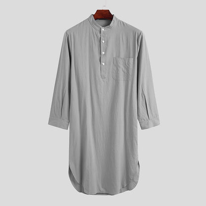 Long-Sleeve Buttoned Solid Color Men's Thobe with Pockets – Available in Seven Colors