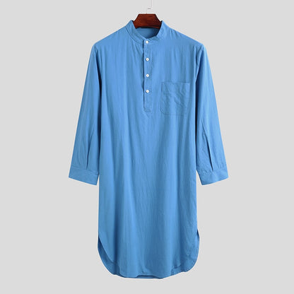 Long-Sleeve Buttoned Solid Color Men's Thobe with Pockets – Available in Seven Colors