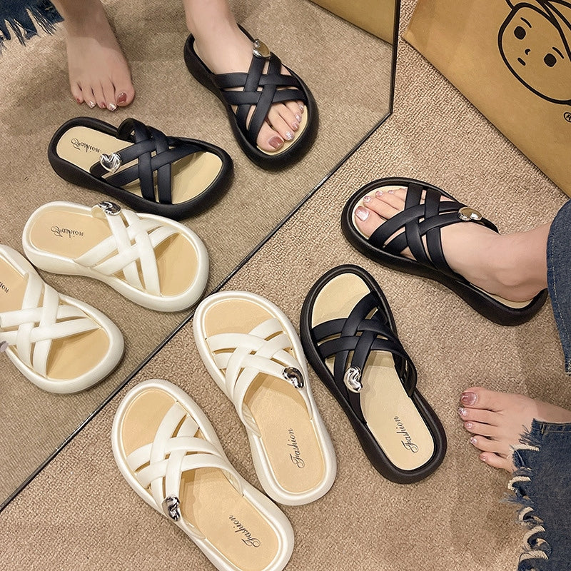 Women's Fashionable Platform Sandals, Heart-Design Stylish Thick-Soled Slippers, Elegant Open-Toe Slides