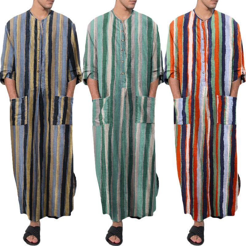 Men's Long Sleeve Striped Print Jumpsuit Robe