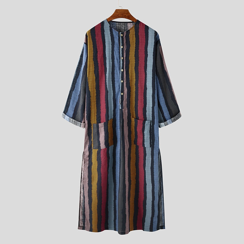 Men's Long Sleeve Striped Print Jumpsuit Robe