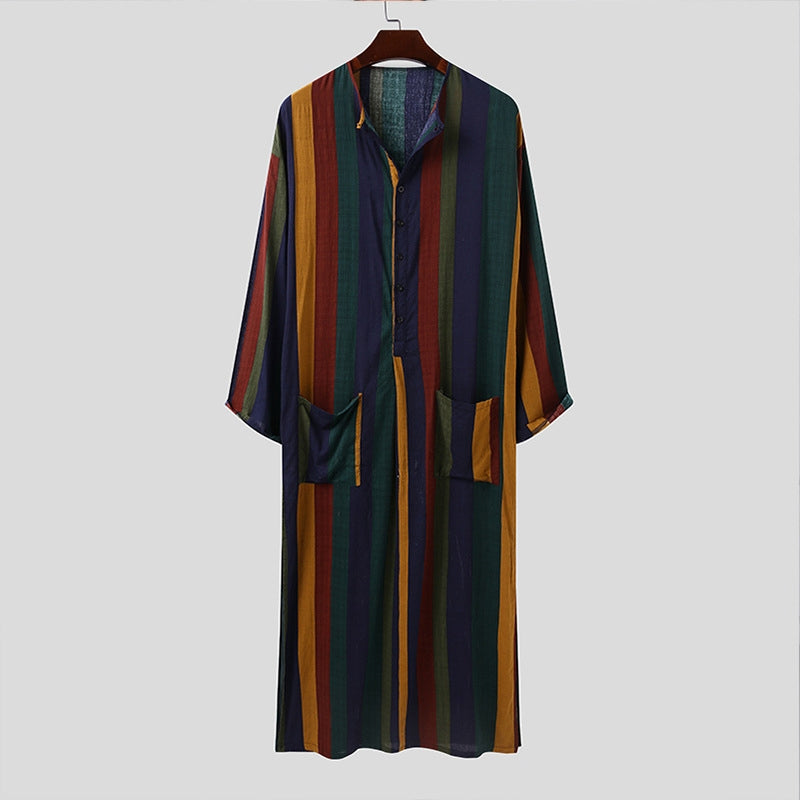 Men's Long Sleeve Striped Print Jumpsuit Robe