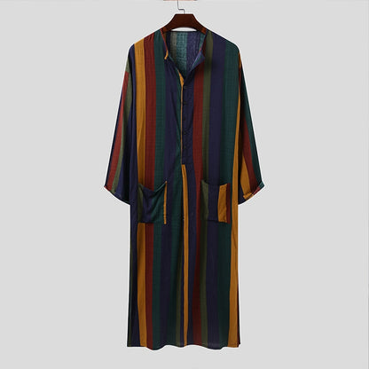 Men's Long Sleeve Striped Print Jumpsuit Robe