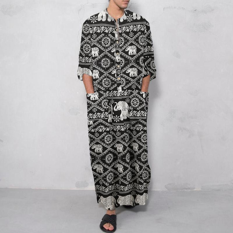 Men's Long Sleeve Striped Print Jumpsuit Robe