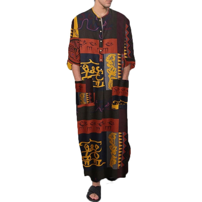 Men's Long Sleeve Striped Print Jumpsuit Robe