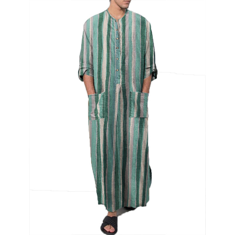 Men's Long Sleeve Striped Print Jumpsuit Robe