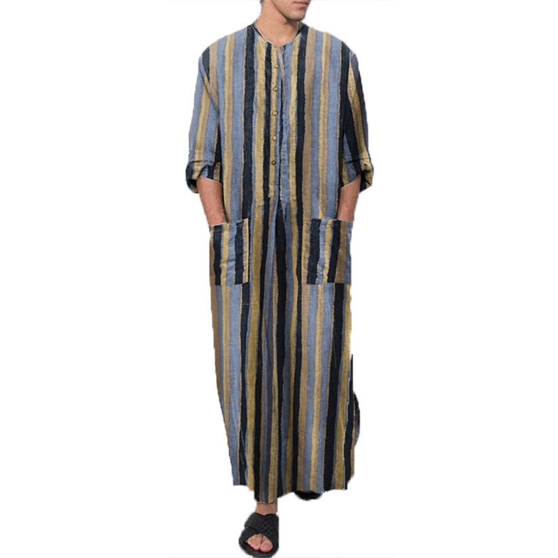 Men's Long Sleeve Striped Print Jumpsuit Robe