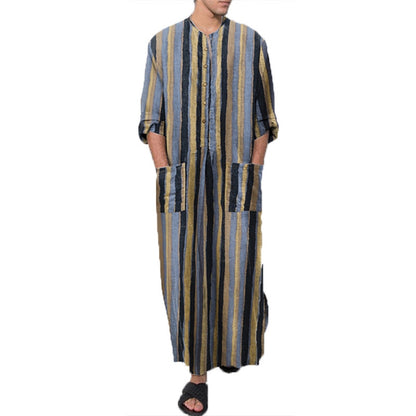 Men's Long Sleeve Striped Print Jumpsuit Robe