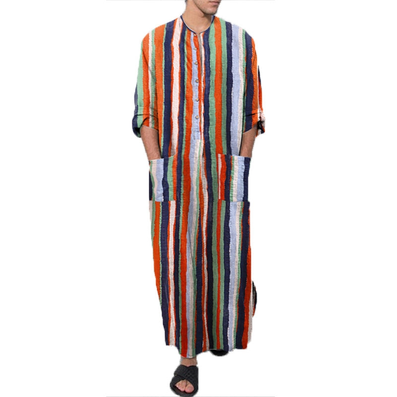 Men's Long Sleeve Striped Print Jumpsuit Robe