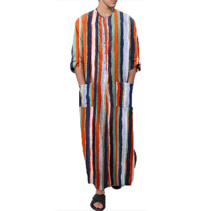 Men's Long Sleeve Striped Print Jumpsuit Robe