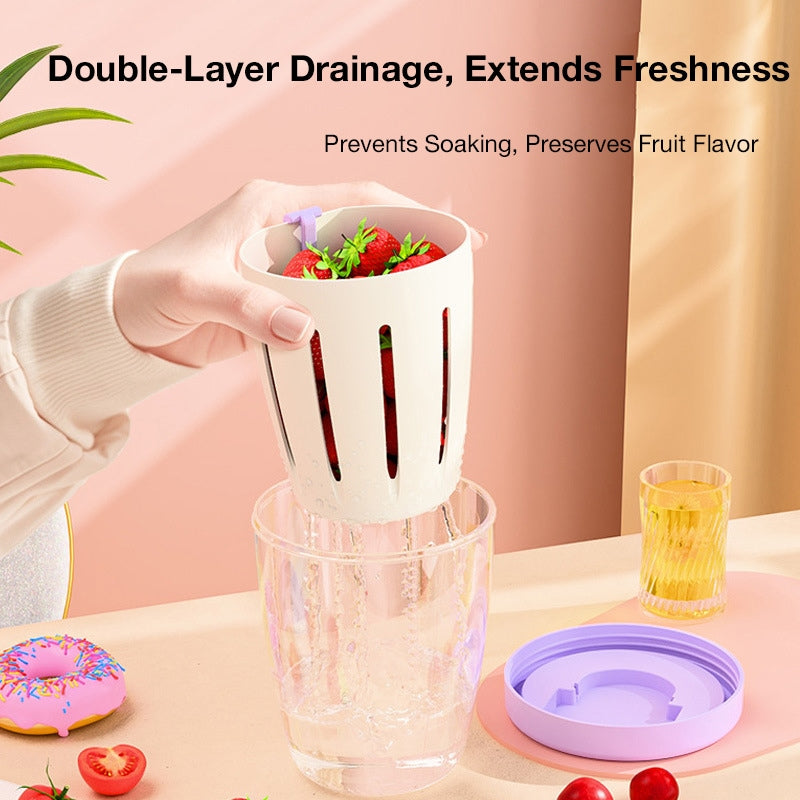 Fruit Cup with Fork, Double-Layer Drainage Salad Cup