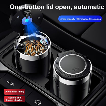 Car Ashtray with One-Touch Lid, Soft LED Light, Metal Inner Liner, Automotive Cigarette Ashtray