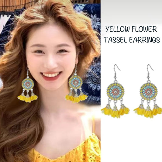 Bohemian Temperament Ethnic Style Tassel Feather Flower Earrings