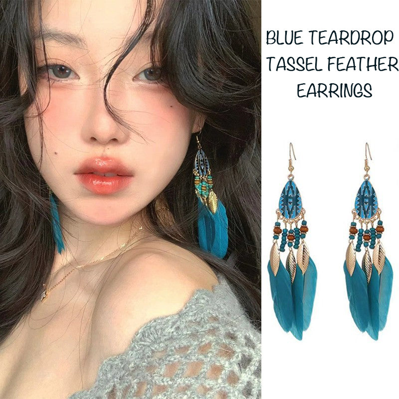 Bohemian Temperament Ethnic Style Tassel Feather Flower Earrings