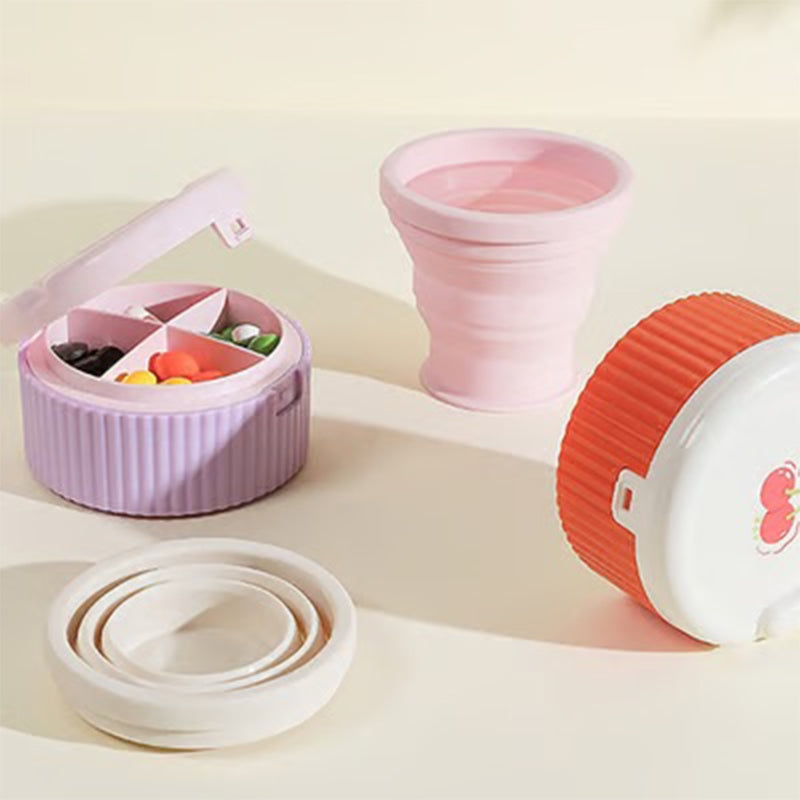 Pill organizer with collapsible silicone cup