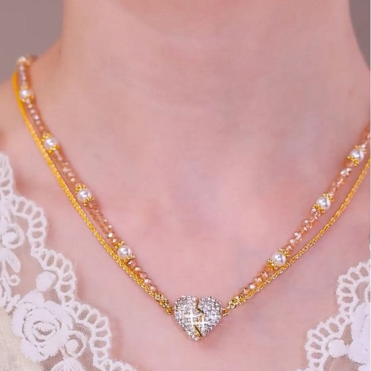 Magnetic Zircon Double-Layer Heart Pendant Pearl Necklace