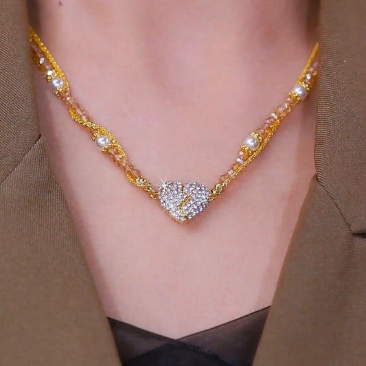 Magnetic Zircon Double-Layer Heart Pendant Pearl Necklace