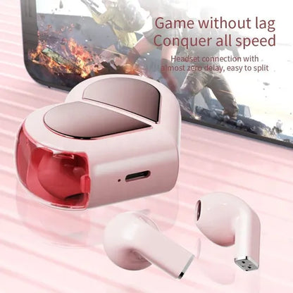 Convertible Cute Heart-Shaped Bluetooth Earbuds – Compact 3D Stereo Wireless Earphones