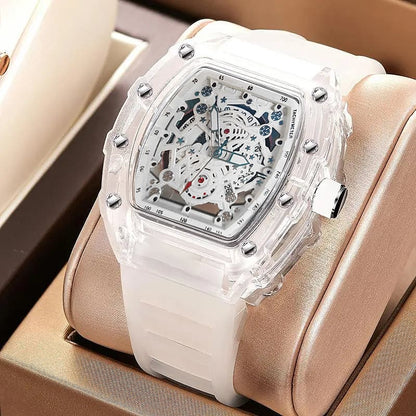 [Gift Box] Richard Series Unisex Quartz Skeleton Watch – Transparent Case, Trendy Minimalist Couple Watch