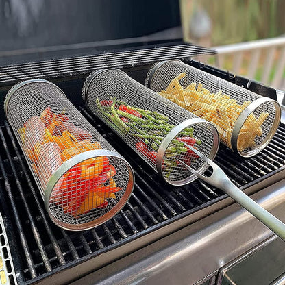 🔥Rolling Grilling Basket with Wooden Handle & Hook (Color Box Packaging)