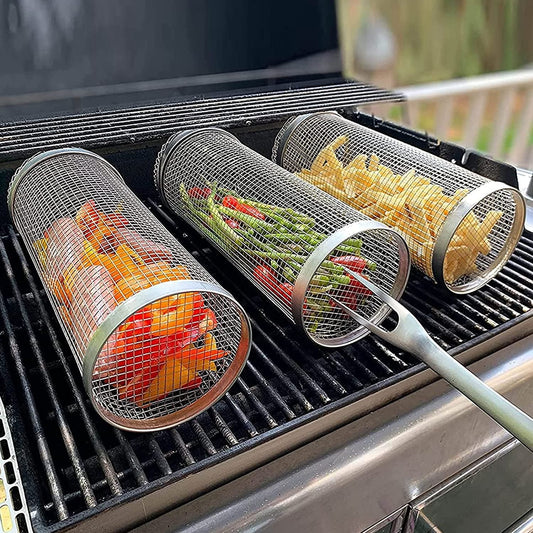 🔥Rolling Grilling Basket with Wooden Handle & Hook (Color Box Packaging)