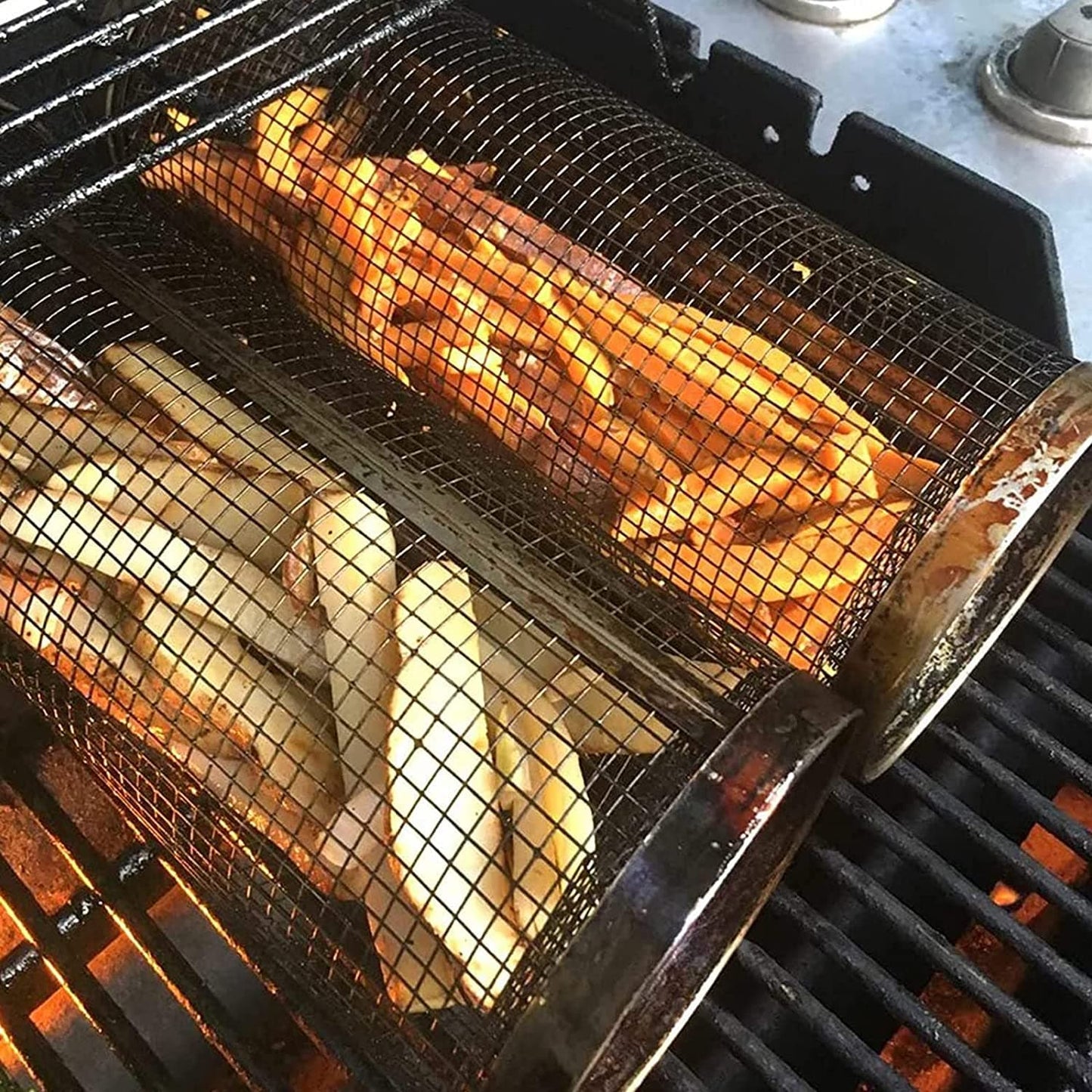 🔥Rolling Grilling Basket with Wooden Handle & Hook (Color Box Packaging)