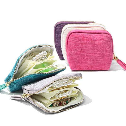 Elegant Tassel Jewelry Organizer Pouch – 5-Layer Zipper Travel Case for Rings, Necklaces, Earrings & Bracelets