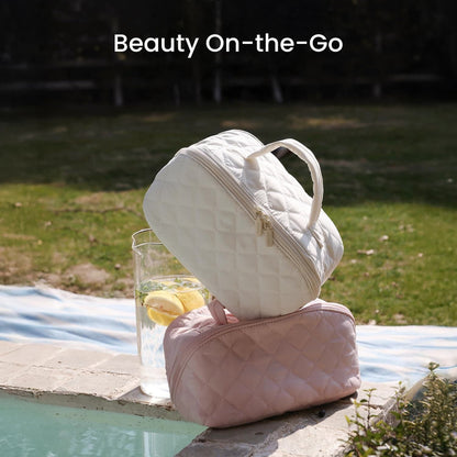 Large Capacity Quilted Makeup Bag – Multifunctional Waterproof Cosmetic Organizer with Handle for Travel & Toiletry Storage