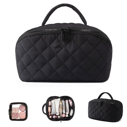 Large Capacity Quilted Makeup Bag – Multifunctional Waterproof Cosmetic Organizer with Handle for Travel & Toiletry Storage