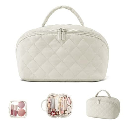 Large Capacity Quilted Makeup Bag – Multifunctional Waterproof Cosmetic Organizer with Handle for Travel & Toiletry Storage