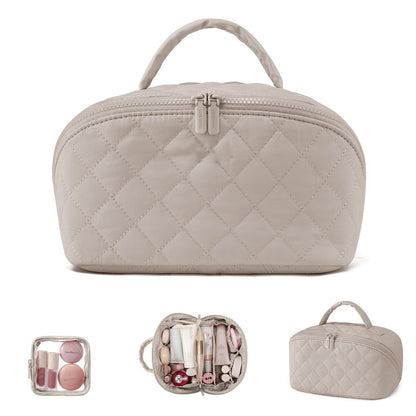 Large Capacity Quilted Makeup Bag – Multifunctional Waterproof Cosmetic Organizer with Handle for Travel & Toiletry Storage