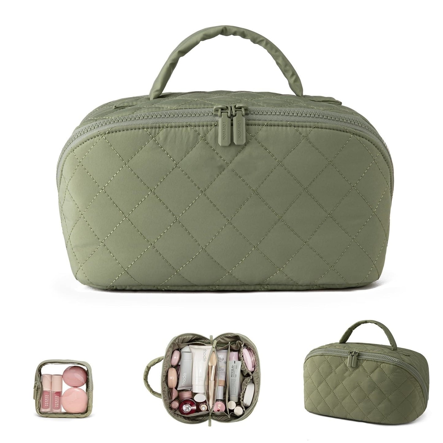 Large Capacity Quilted Makeup Bag – Multifunctional Waterproof Cosmetic Organizer with Handle for Travel & Toiletry Storage