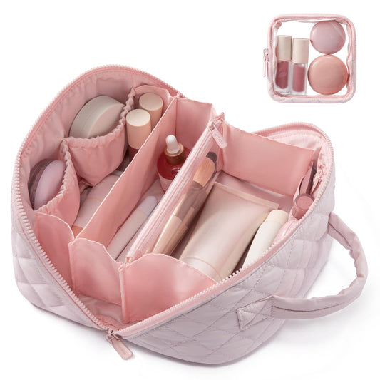 Large Capacity Quilted Makeup Bag – Multifunctional Waterproof Cosmetic Organizer with Handle for Travel & Toiletry Storage