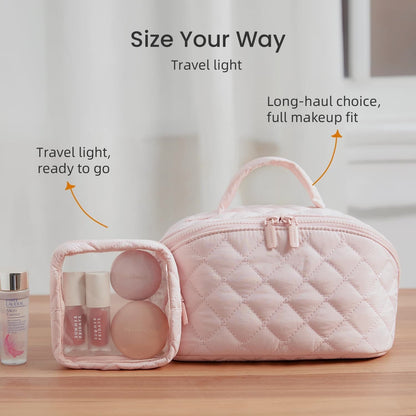 Large Capacity Quilted Makeup Bag – Multifunctional Waterproof Cosmetic Organizer with Handle for Travel & Toiletry Storage