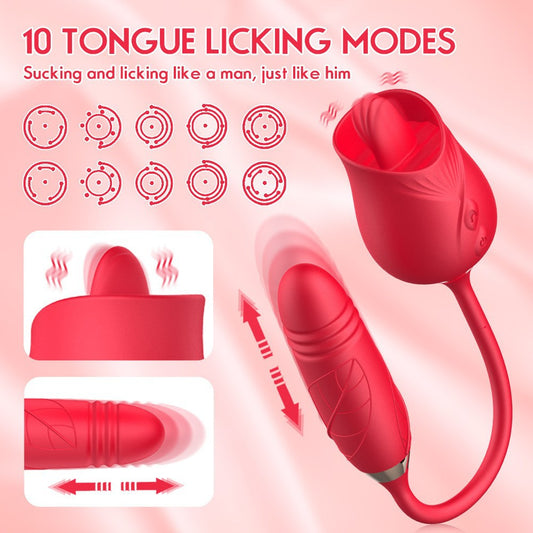 Rose Vibrator for Women – Thrusting G-Spot & Clitoral Stimulation, 10 Sucking Modes, Double-Ended Dildo for Couples