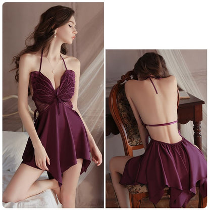 Plus-Size Sexy Butterfly Camisole Nightdress – Backless, Push-Up, Gathered Bust with Removable Pads
