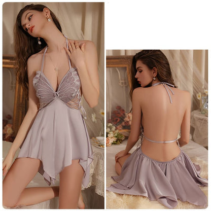 Plus-Size Sexy Butterfly Camisole Nightdress – Backless, Push-Up, Gathered Bust with Removable Pads