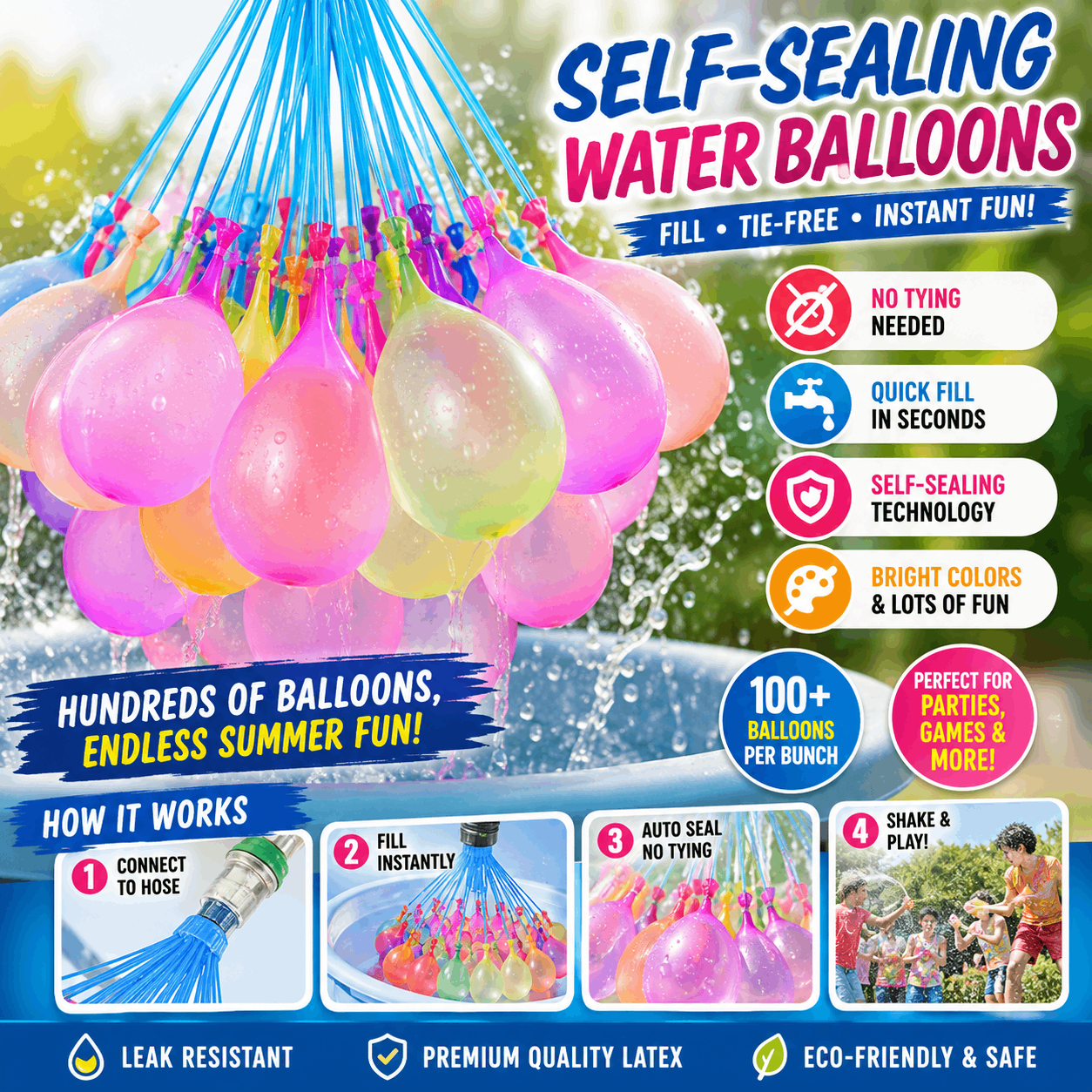 🎁🎈100PCS Self-Sealing Water Balloons – Fast Fill from Any Faucet, Auto Tie, Summer Water Fight Essential