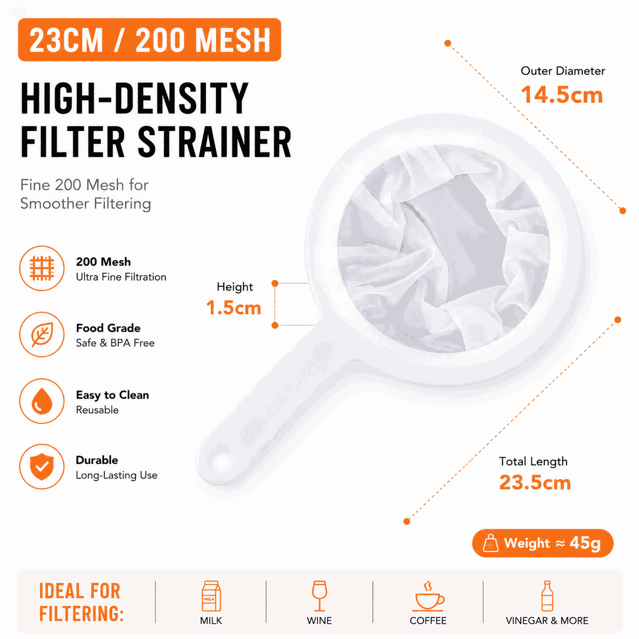 🥣Ultra-Fine Mesh Strainer – with Handle, Fine Filter for Soy Milk, Juice & Blender, Pulp-Free