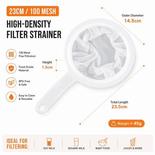 🥣Ultra-Fine Mesh Strainer – with Handle, Fine Filter for Soy Milk, Juice & Blender, Pulp-Free