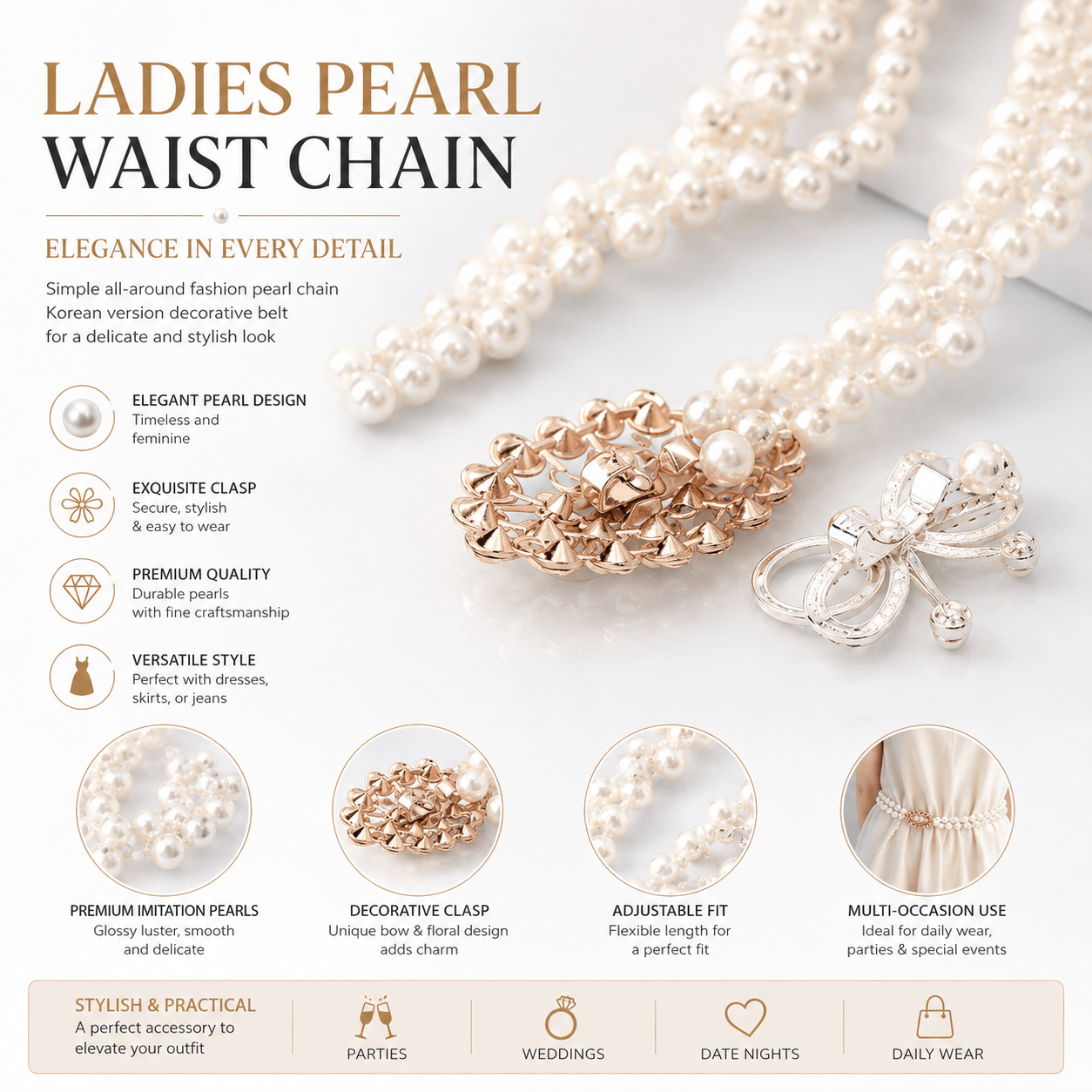 💎French Style Crystal & Pearl Waist Chain – Floral Elastic Belt, Dress Decorative Waistband, Adjustable & Elegant