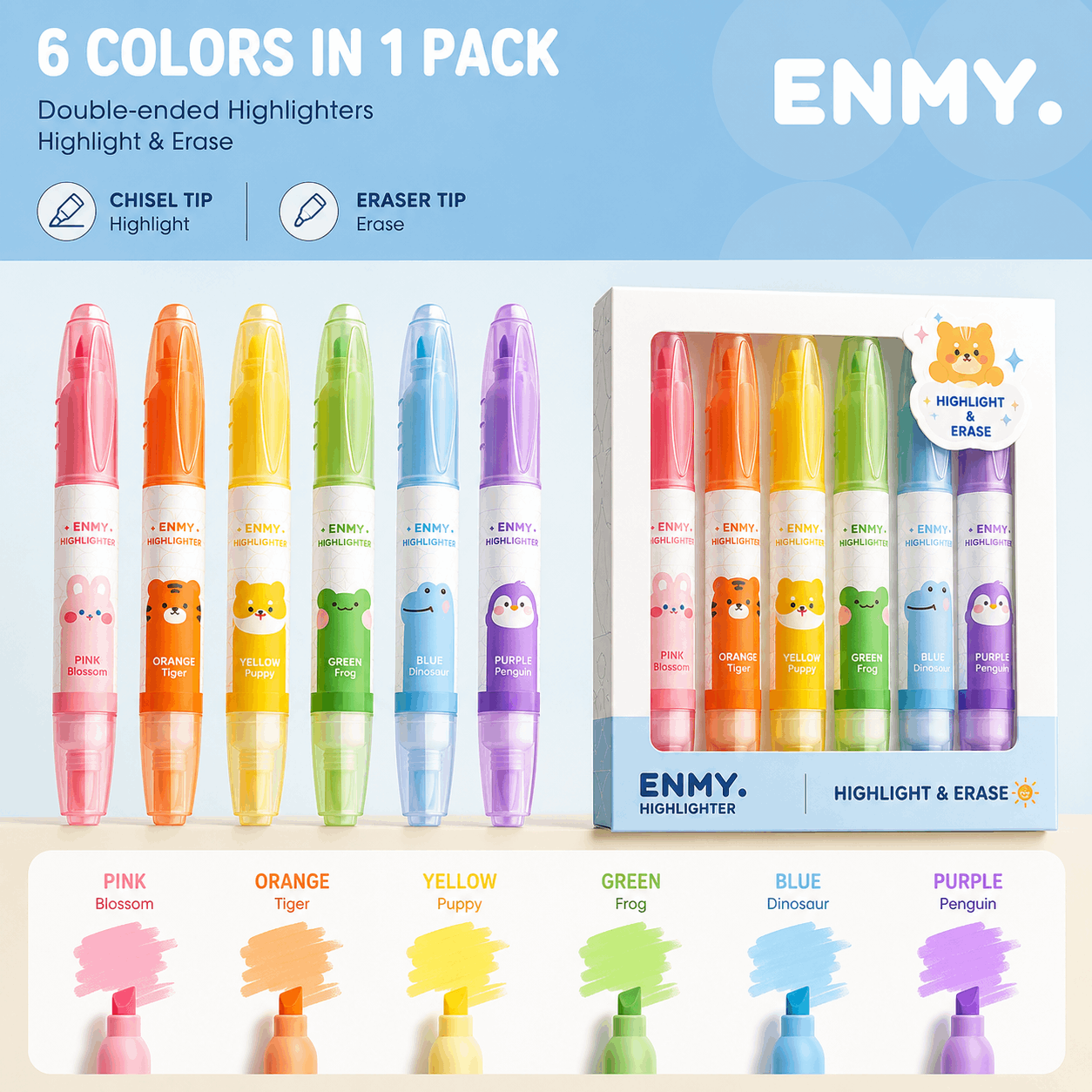 🖍️ENMY Erasable Morandi Highlighters – Pastel Macaron Colors, Large Capacity, Smudge-Free Note-Taking Essential
