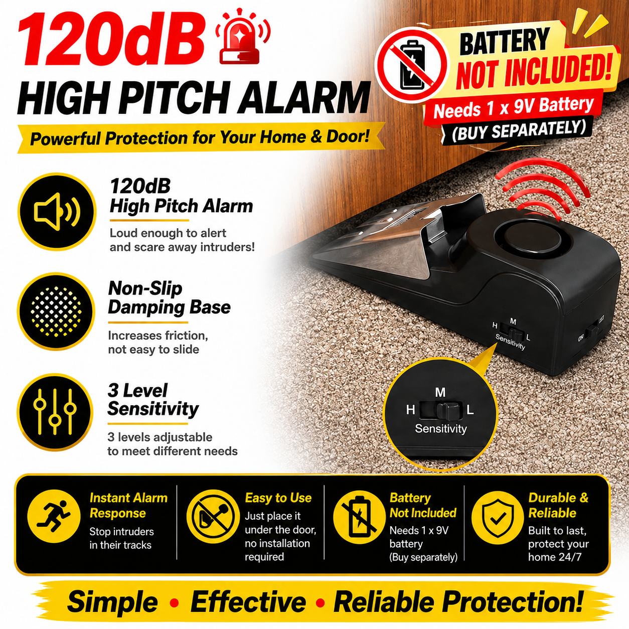 🚪Door Resistance Anti-theft Alarm – Wedge Security Alarm, 120dB Siren, Portable & Adjustable for Hotel, Dorm & Home