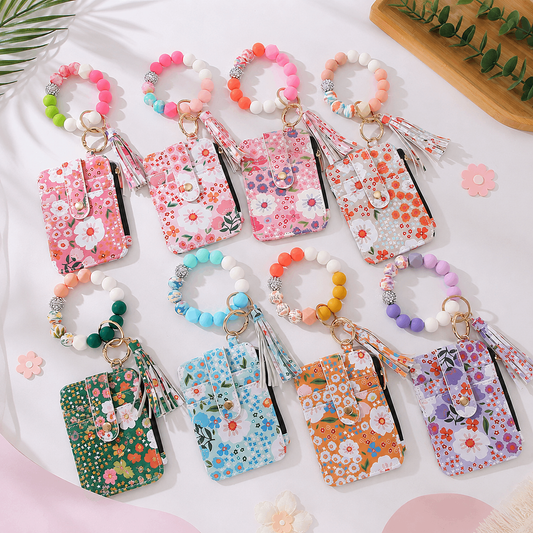 🌸Floral Card Holder & Bracelet Set – Holds ID & Cash, Attach to Bag