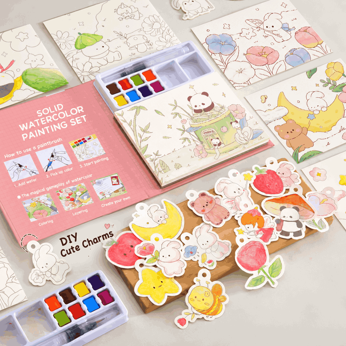 Kids Watercolor Book – 8 Colors, Water Pen Included, Washable, Doubles as Bookmarks