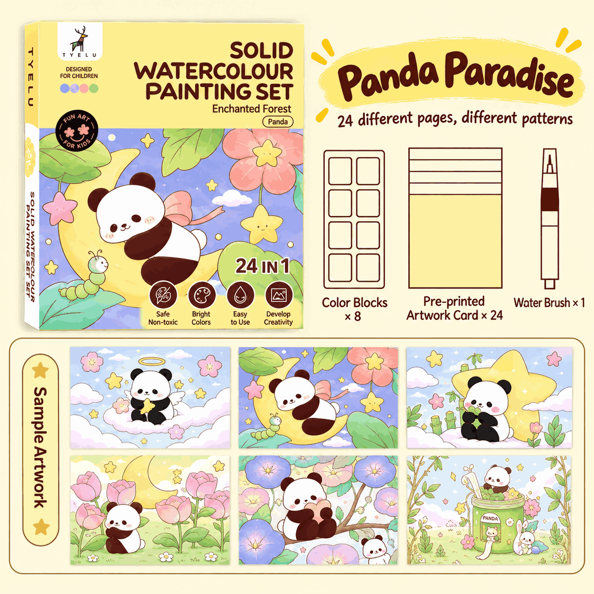 Kids Watercolor Book – 8 Colors, Water Pen Included, Washable, Doubles as Bookmarks
