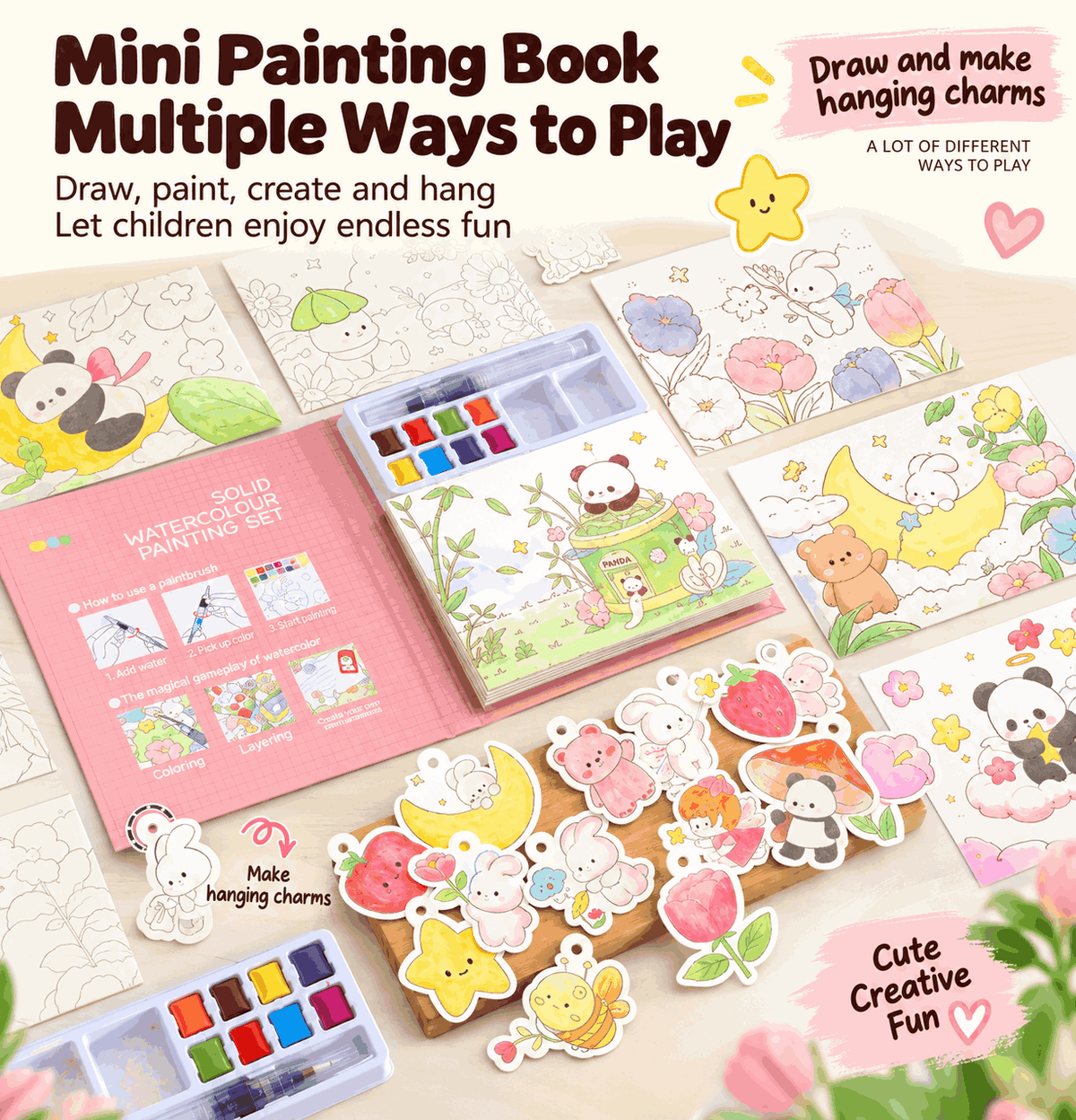 Kids Watercolor Book – 8 Colors, Water Pen Included, Washable, Doubles as Bookmarks